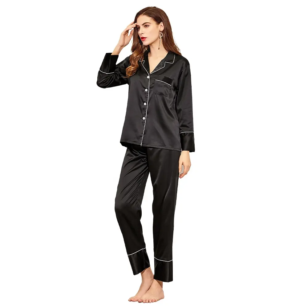 Fung 6001 Factory Stock Available Women Satin Sleepwear Pajamas Sets Ladies Sexy Silk Nightwear Night Dress Black Pajamas