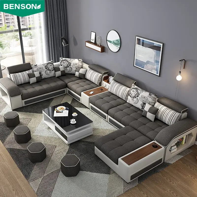 Yeni tasarım U şekilli kadife kumaş 7 koltuklu oturma odası modüler set mobilya modern kesit kanepe ile çin'de depolama