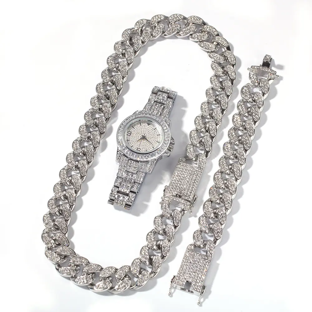 Ювелирные изделия в стиле хип-хоп, наборы со стразами, золотые часы с бриллиантами, кубинская цепочка, ожерелье с браслетом, подарок для мужчин