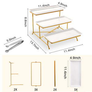 陶瓷3层矩形餐架，带瓷盘层托盘，带可折叠坚固架金白盘 - Product Image 3