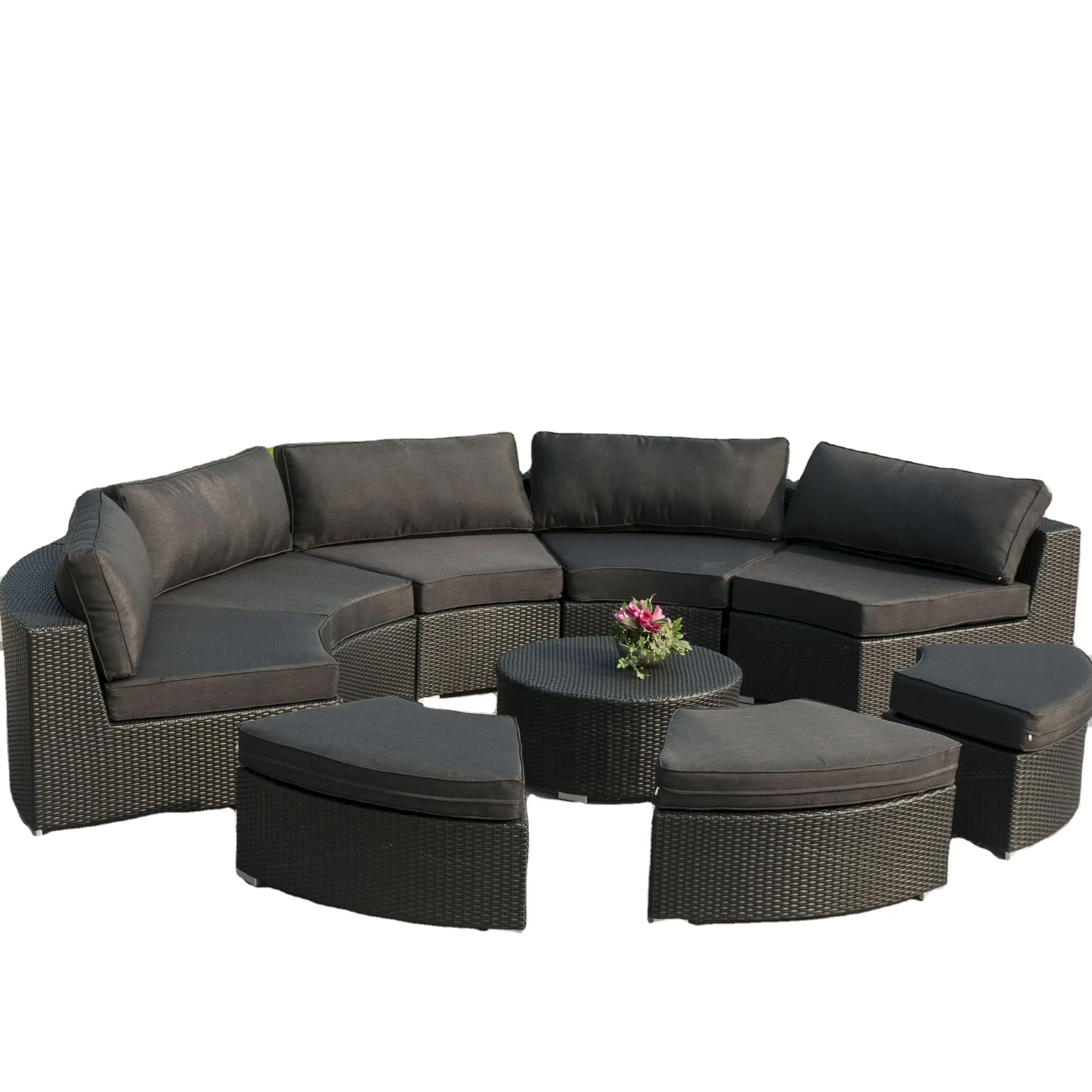 Садовый диван, угловая распродажа, полукруглая алюминиевая круглая плетеная мебель для дворика, гостиницы, садовый диван из ротанга, комплект мебели