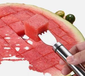 2 in1 paslanmaz çelik karpuz çatal dilimleme kesici meyve kesici aletler paslanmaz çelik meyve çatalı kavun küp kesici - Product Image 4
