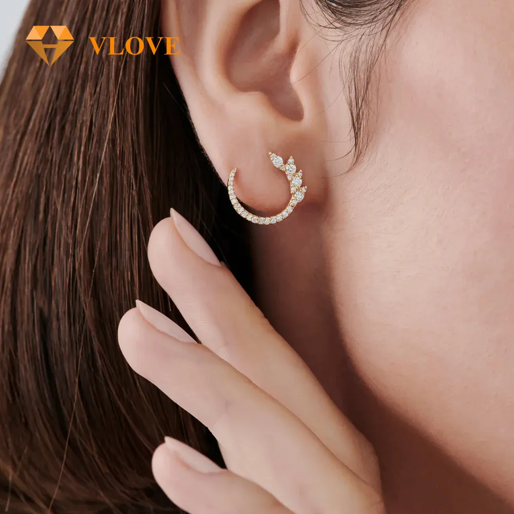 VLOVE Women Luxury Jewelry Solid Gold Jewelry 14k Marquise Looking Round Diamond Cluster Studs