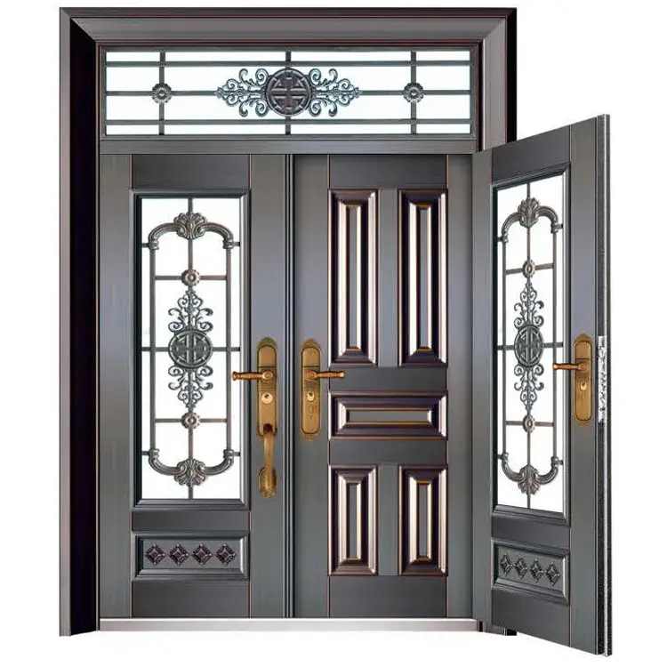 Puertas de fibra de vidrio de aleación de Zinc de lujo para exteriores, diseño decorativo de rejilla, doble oscilación, seguridad, para Villa