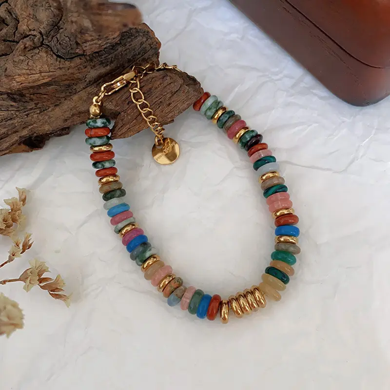 Bracciale di perline di pietra naturale di nuovo Design Boho pietra naturale piatta colorata di cristallo di moda braccialetto di gioielli per le donne