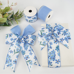 2.5 Inch Custom <strong>Printed</strong> Myosotis 63mm Burlap Summer Pattern White and <strong>Blue</strong> Wired Edge <strong>Ribbon</strong> Floral for Wreath Bow Gift Wrapping - Product Image 2