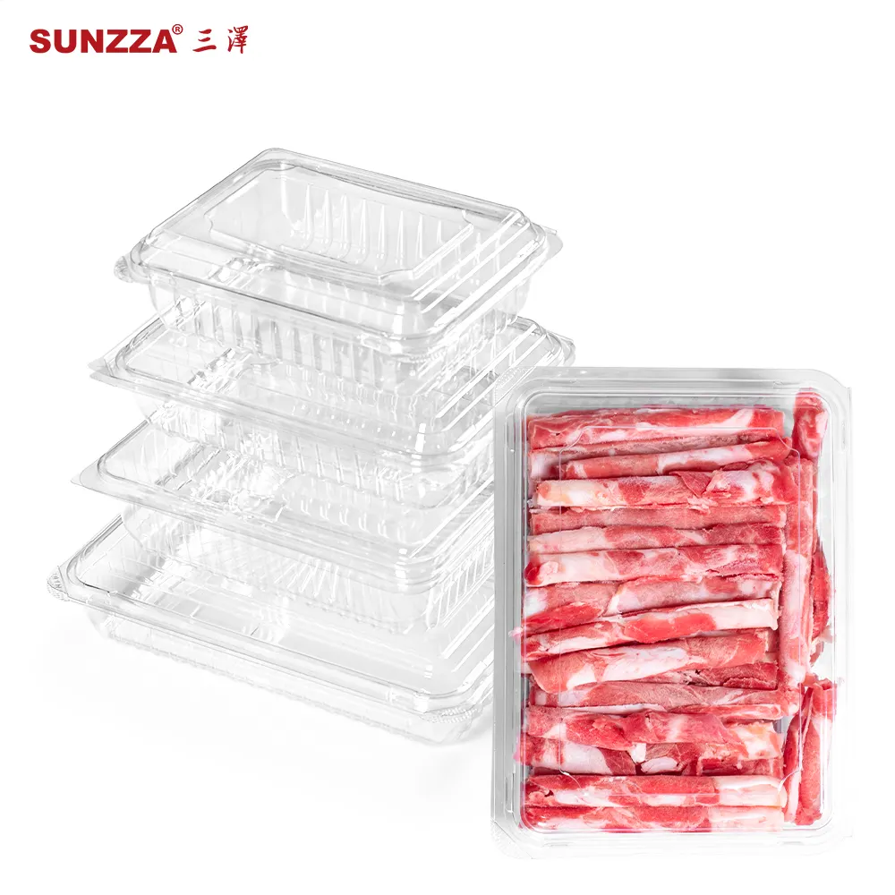 Sunzza डिस्पोजेबल ब्लिस्टर पैकेजिंग आयताकार पैकेजिंग बक्से प्लास्टिक सीपी कंटेनर के लिए मांस/पोर्क/मटन/सब्जी/ताजा
