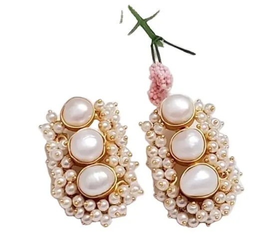 Small 3 Round Pearl White Pebbles Long Statement Vintage Party Earrings