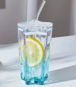 コーヒーと飲み物用ストローカップ冷たい飲み物用の高外観5点星勾配色ガラス蓋 - Product Image 4