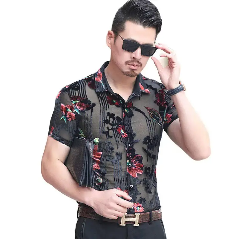 Kaus Beludru Bunga Transparan Renda Pesta Klub Malam 2021 T Shirt Ukuran Besar Bordir Bunga Emas Lengan Pendek Homme untuk Pria