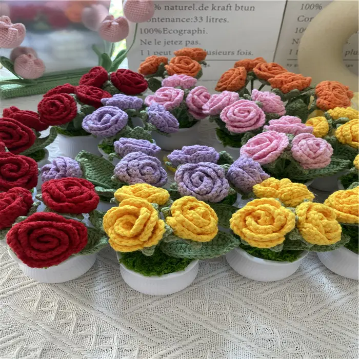 Mini Crochet Flores Potted Lembranças De Casamento para Convidados Crochet Woven Plant Knitted Flores Potted Desktop Car Ornament