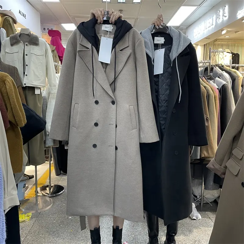 OULAIYADI-gabardina de lana con capucha para mujer, abrigo largo de invierno, nuevo estilo