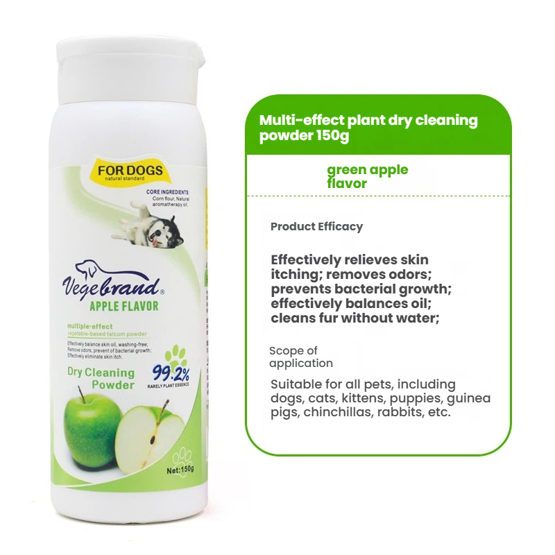 Polvo de limpieza en seco multiefecto para mascotas 150 g (sabor a manzana)