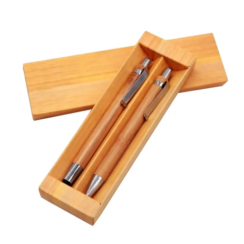 Conjunto de canetas esferográficas de bambu com logotipo personalizado em caixa de presente de papel, promoção ecológica para presente, papelaria