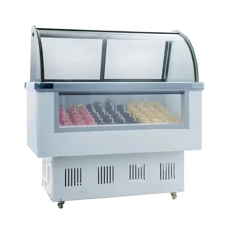 Gelato de vidro curvo para refrigeradores, refrigeradores de vidro para supermercado, 300L, refrigeradores de vidro, refrigeradores de vidro, exposição contínua, freezer, compressores, vitrine