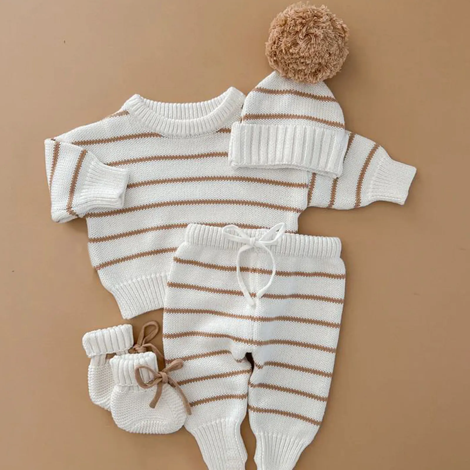 Kleinkind Baby Jungen Mädchen Netter Pullover Mehrteiliges Set Gestreiftes Strick-Langarm-Strickpullover-Set