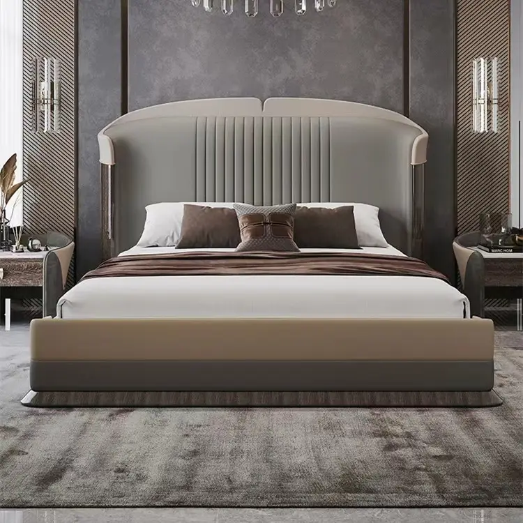 Personalização móveis do quarto, cama de couro cinza estofado design italiano cama luxuoso quarto móveis