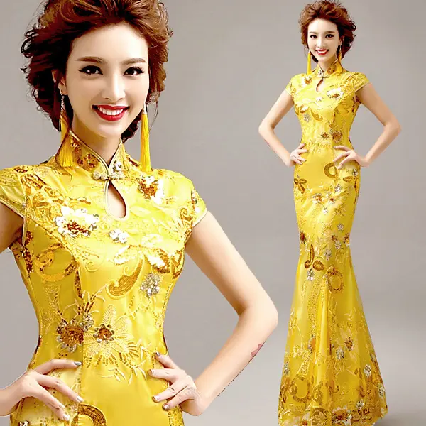 Vestido de novia de cola de pez chino, estampado de dragón rojo y dorado, novedad