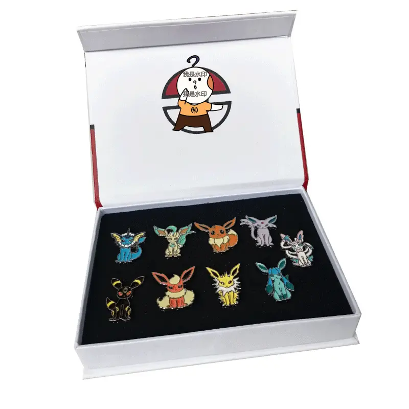 Precio de fábrica personalizado Pocket Monster Ins estilo Animal insignias Anime embalado en caja insignias lindo dibujos animados Eevee esmalte Pin