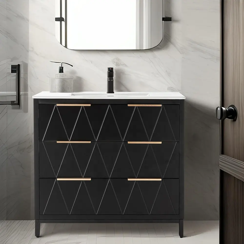 36 Zoll schwarze Badküchen mit Dekorationslinien Keramik-Werkwaschbecken Kombinations-Badschrank Toilettenklosett Bad