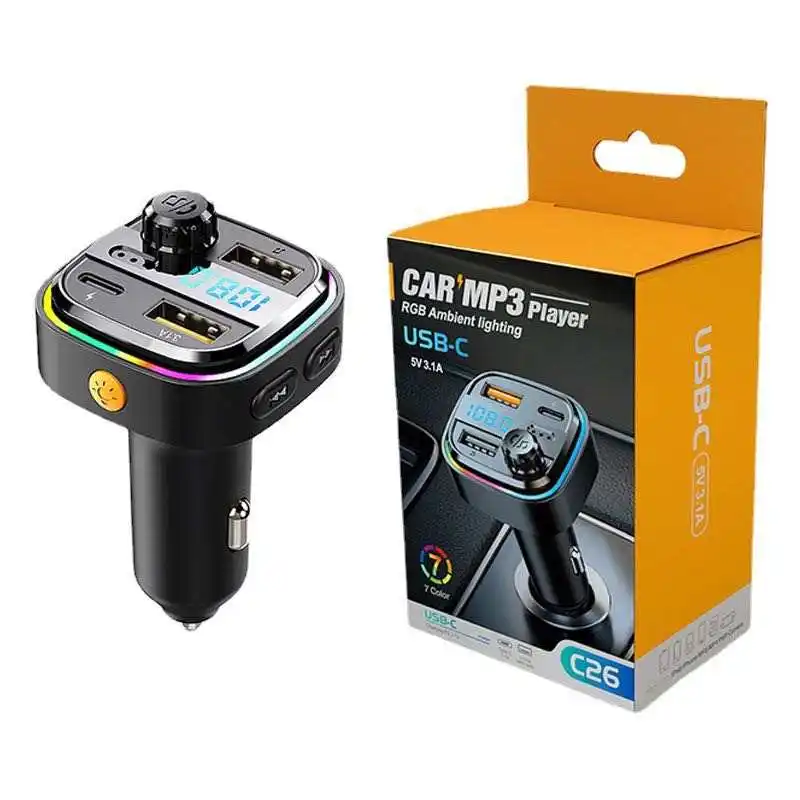 C26-transmisor FM de carga rápida para coche, reproductor MP3 con USB dual, Bluetooth, manos libres, multifuncional