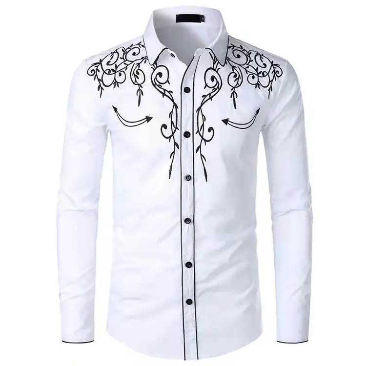 Mens White Embroidered Shirts Gold Floral Western Top American Mexican Cowboy Outfit Casual Shirt