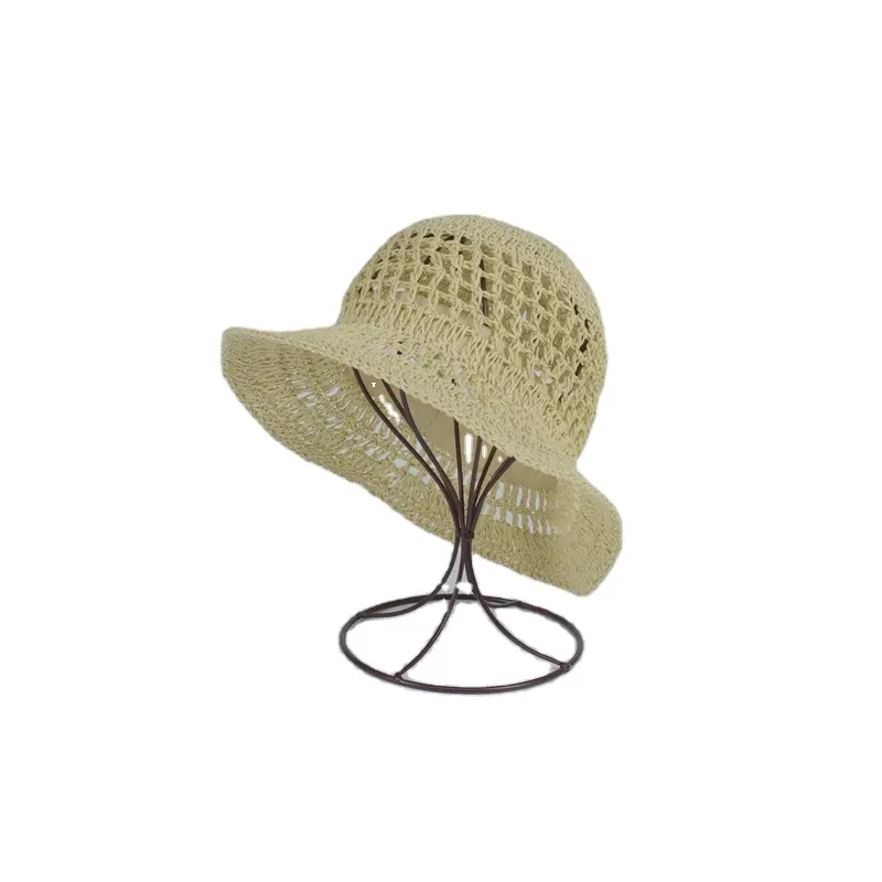 Sombrero de cubo de ganchillo de paja de alta calidad para mujer, protector solar para playa, sombreros de paja para el sol, venta al por mayor, verano 2024 para mujer
