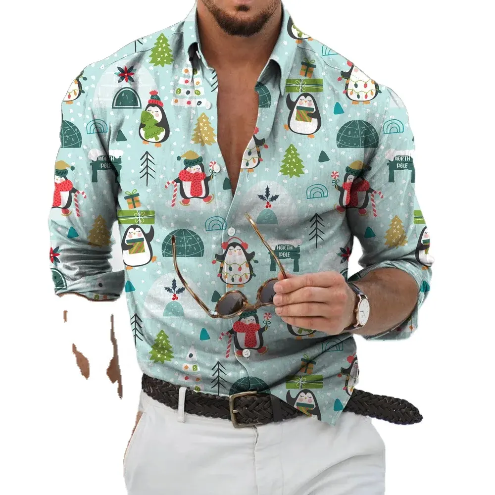 2023 Herren Weihnachtsserie Modedruckhemd neu grenzüberschreitend 3D-Digitaldruck Twill-Baumwollstoff passendes Muster Herbst