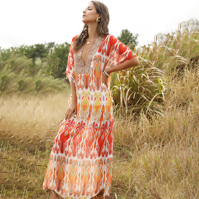 Elegant design v neck plus size bohemian maxi dresses women summer
