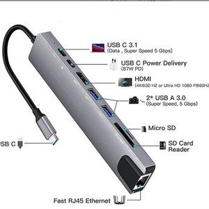 适用于MacBook Pro笔记本电脑扩展坞电脑配件的多功能8合1 Usb 3.1 c型集线器适配器 - Product Image 5