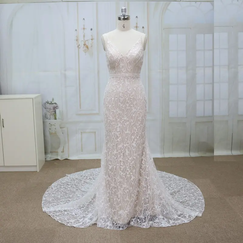 Nouvelle collection de robe de mariée sirène sexy avec col en v et perles lourdes pour mariage