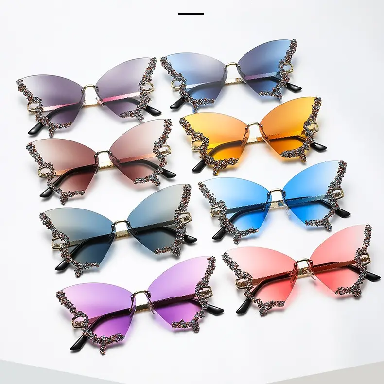 9933 moda strass ultimo marchio di lusso di Design diamante gradiente Logo personalizzato senza montatura farfalla occhiali da sole