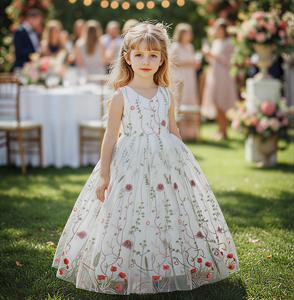 Đáng Yêu Cổ Điển Phong Cách Voan Ren Sàn Chiều Dài A-Line Không Tay Trẻ Em Cô Gái Ăn Mặc Tùy Chỉnh Thêu Fluffy Hoa Cô Gái Ăn Mặc - Product Image 1
