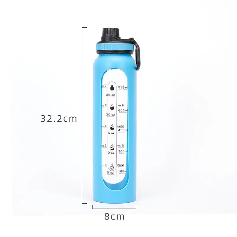 32oz Autohalterung Reisen Fitness Sport Wasserflasche tragbar auslaufschutz Boroilicate-Glasflasche mit Zeitmarkierung und Siliziumschleife