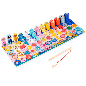 6-in-1 çok fonksiyonlu logaritmik balıkçılık oyunu Montessori oyuncak sayma numarası eşleştirme kurulu ahşap bulmaca oyuncak - Product Image 1