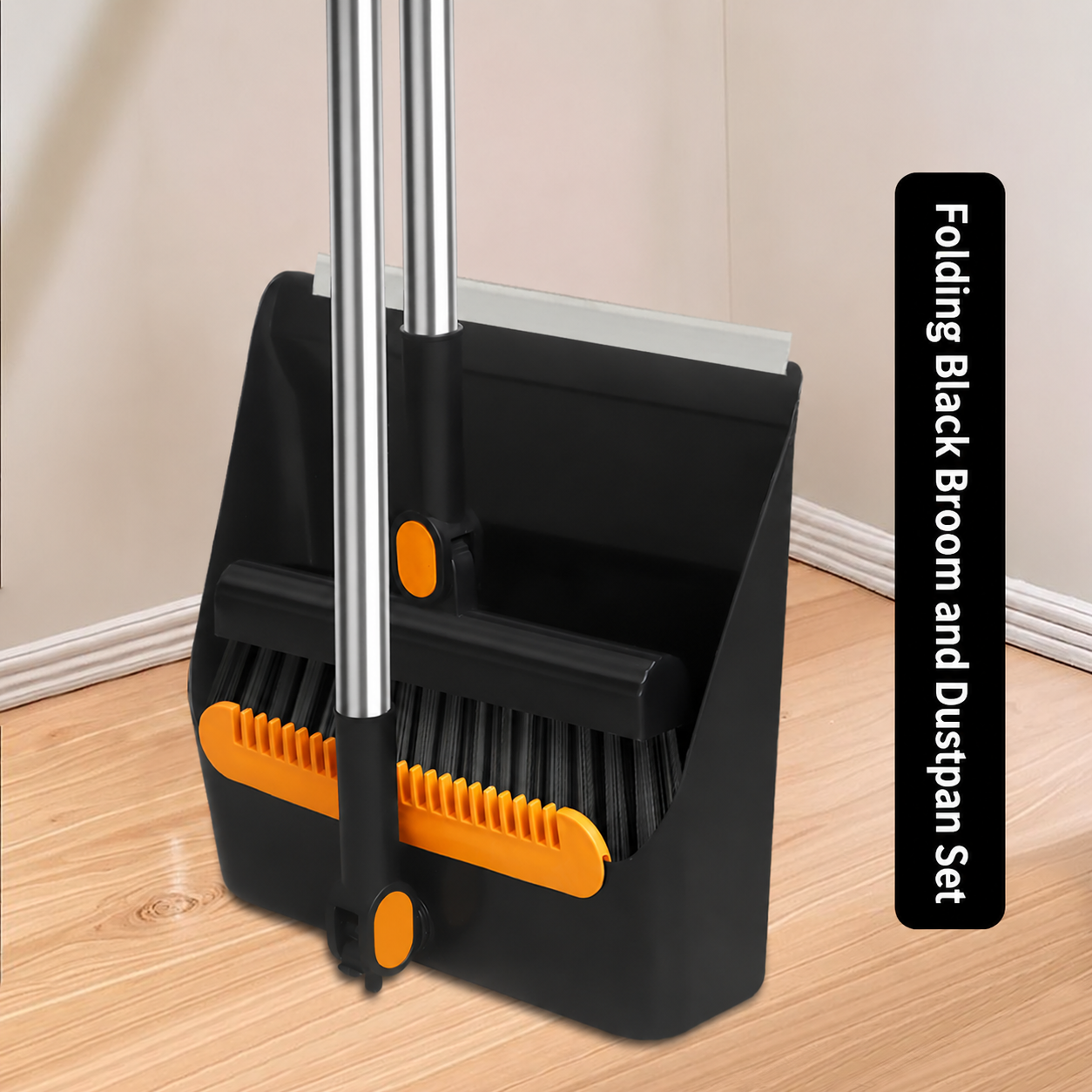 Folding Black Broom and Dustpan Set