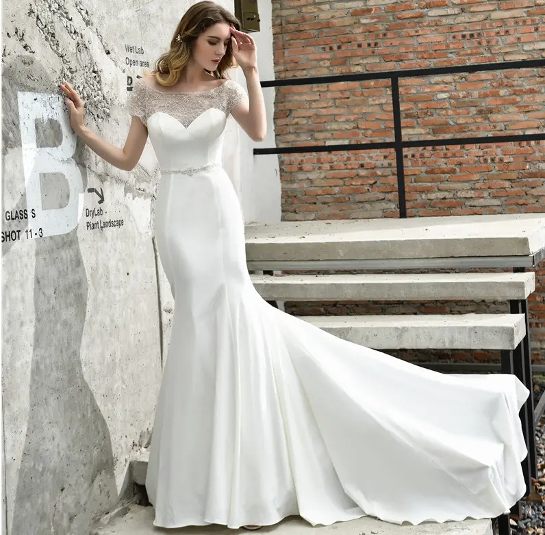 Vestidos de novia elegantes con cuentas de cristal, manga corta, Blanco/Marfil/champán, satén, sirena de diseñador, novedad de 2020