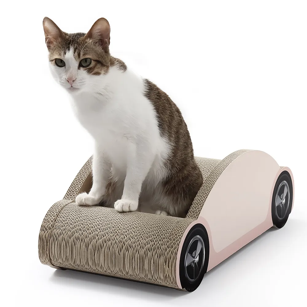 Cama de descanso para mascotas, rascador de gato con forma de coche de cartón, práctico