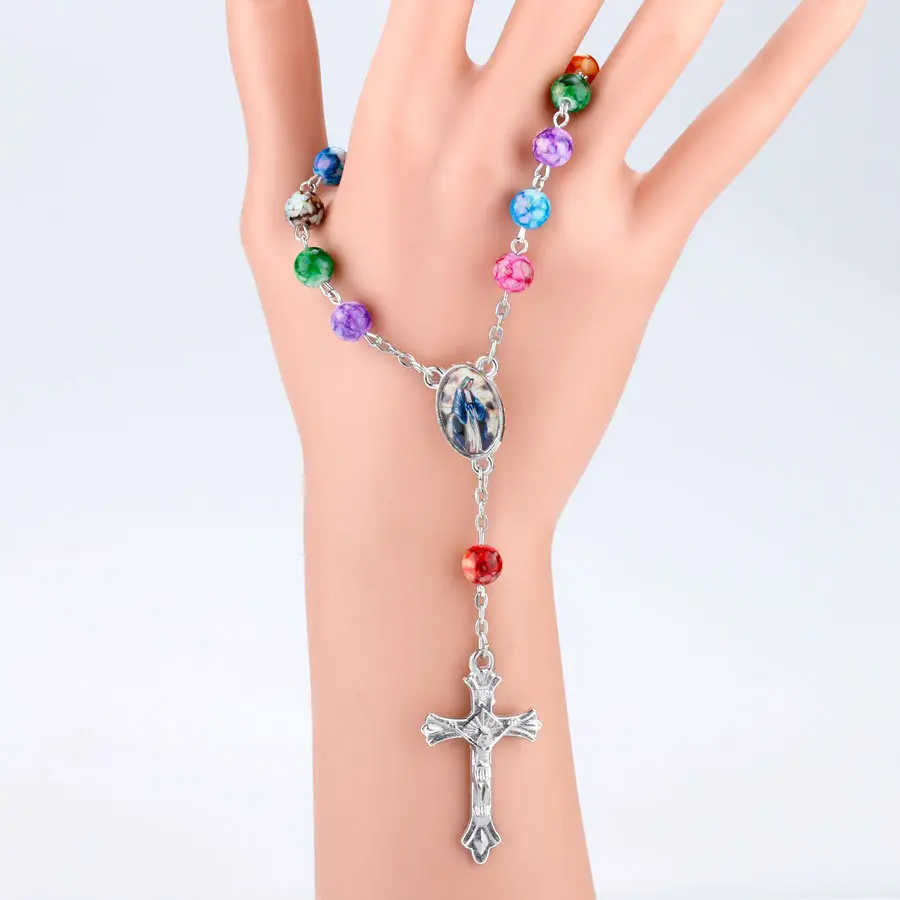 colorful beads Catholic rosary bracelet Cross jesus rosary beaded chain bracelet for kid women fashion jewelry