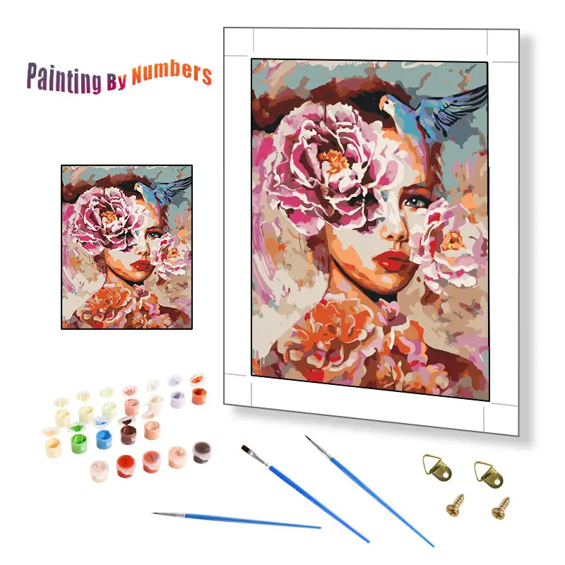 Vente en gros de peinture 3d par numéros fleurs fille et oiseau bricolage peinture à l'huile par numéros portrait