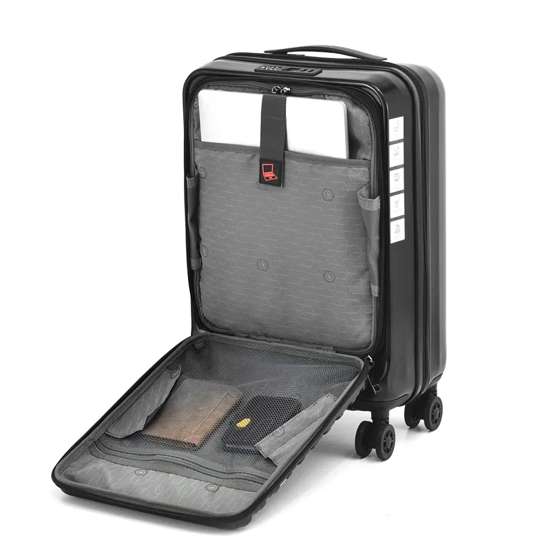 Custom oem dimensioni cabina 20 pollici nero trolley valigia 4 ruote anteriore aperto bagaglio da viaggio