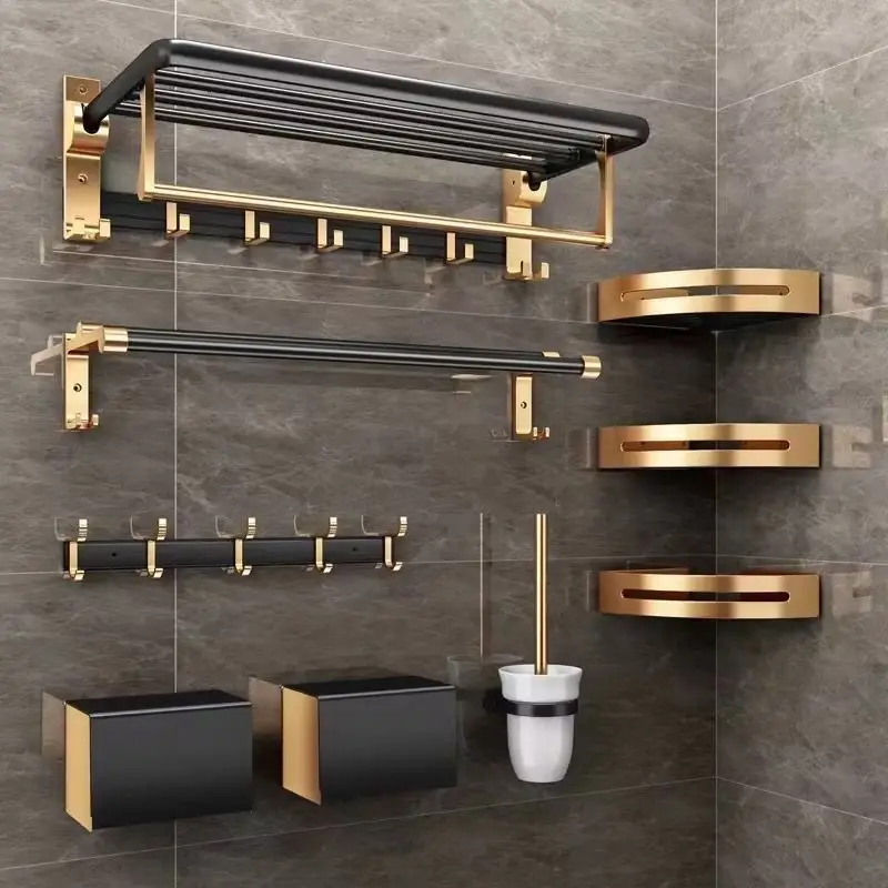 Ripiano in alluminio pieghevole accessori Hardware Set nero e oro portasciugamani mensola prodotti da bagno