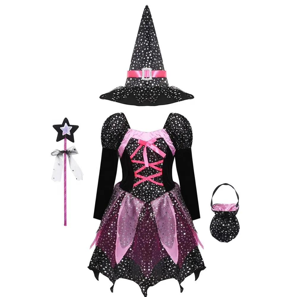 Vestido de manga larga con estampado de diablo aterrador para niños, sombrero puntiagudo, bolsa de caramelos, disfraz de bruja de Halloween