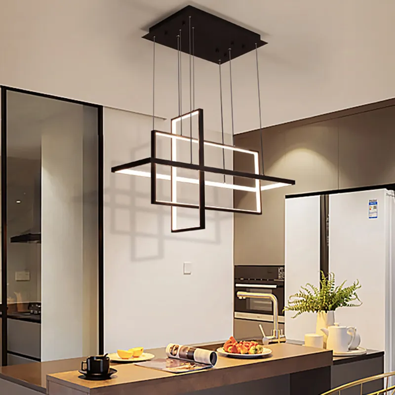 Lampu Gantung LED Modern untuk Dapur Ruang Makan Ruang Tamu Kamar Tidur Lampu Gantung Persegi Panjang Remote Kontrol Pencahayaan Langit-langit