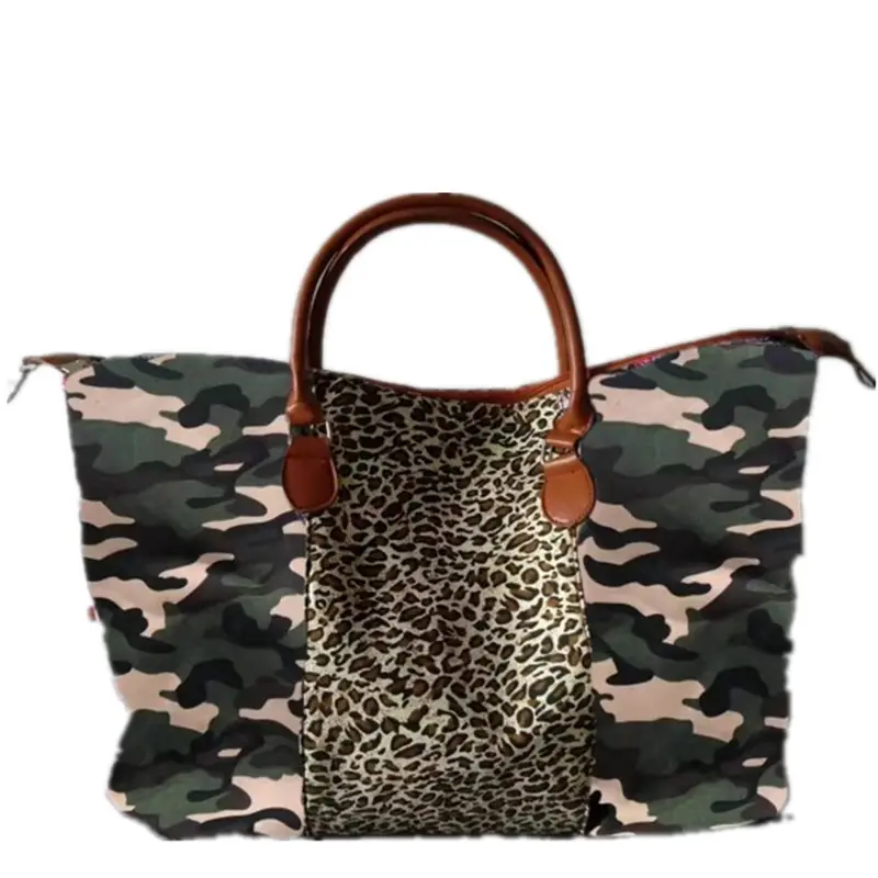 Bolsa de couro pu com estampa de leopardo, sacola de viagem floral, da moda, estampada, patchwork, para mulheres