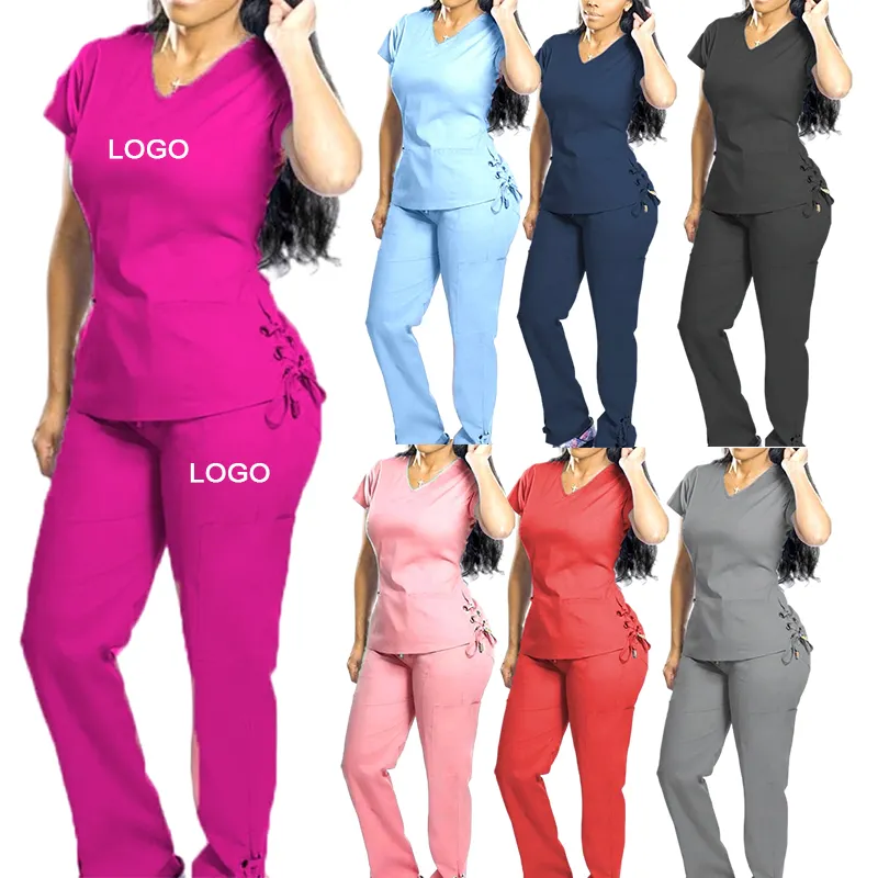 Uniformes médicos de talla grande elástico Ceil azul Rosa matorral spa belleza enfermería conjuntos moda mujer enfermera para primavera un verano