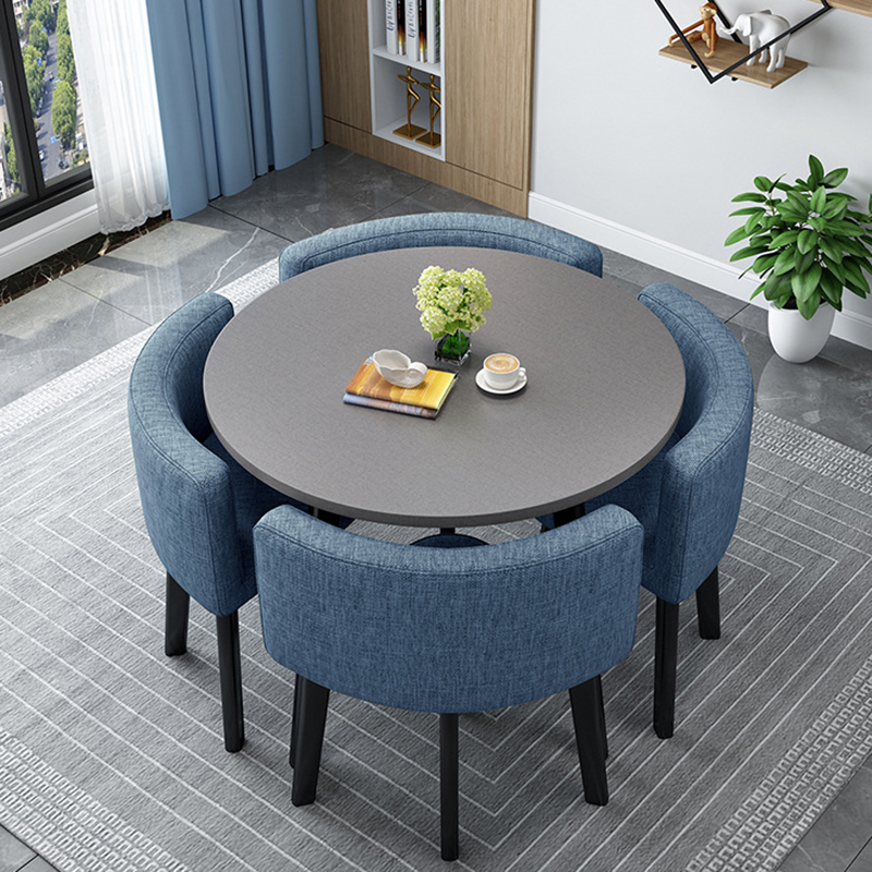 Gray round table + blue fabric chairs