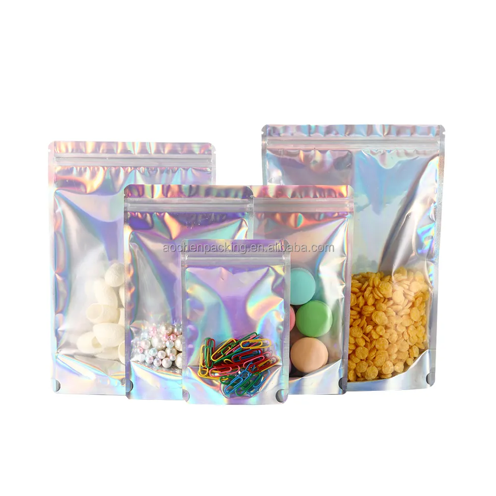 Sac de snack de qualité alimentaire sac holographique à faible quantité minimale de commande 3 côté joint HP001 Emballage de sac en plastique, bolsas Plasticas, pochette d'emballage refermable