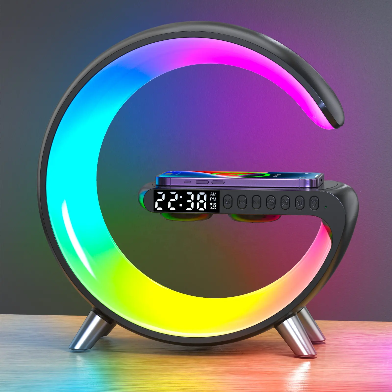 New Product Explosion N69 Wake up Light RGB Colorful Ambient night light bluetooth speaker Wireless Charging Alarm Clock