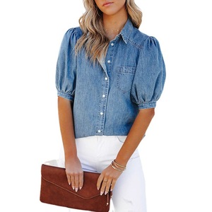 Casual Streetwear <strong>Top</strong> Puff Sleeve Short Denim <strong>Tops</strong> Jacket Jeans Shirt for Women